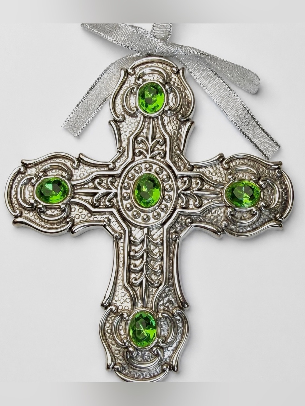Vintage Towle Silver Plated Ornate Cross Christmas Ornament Green Rhinestones